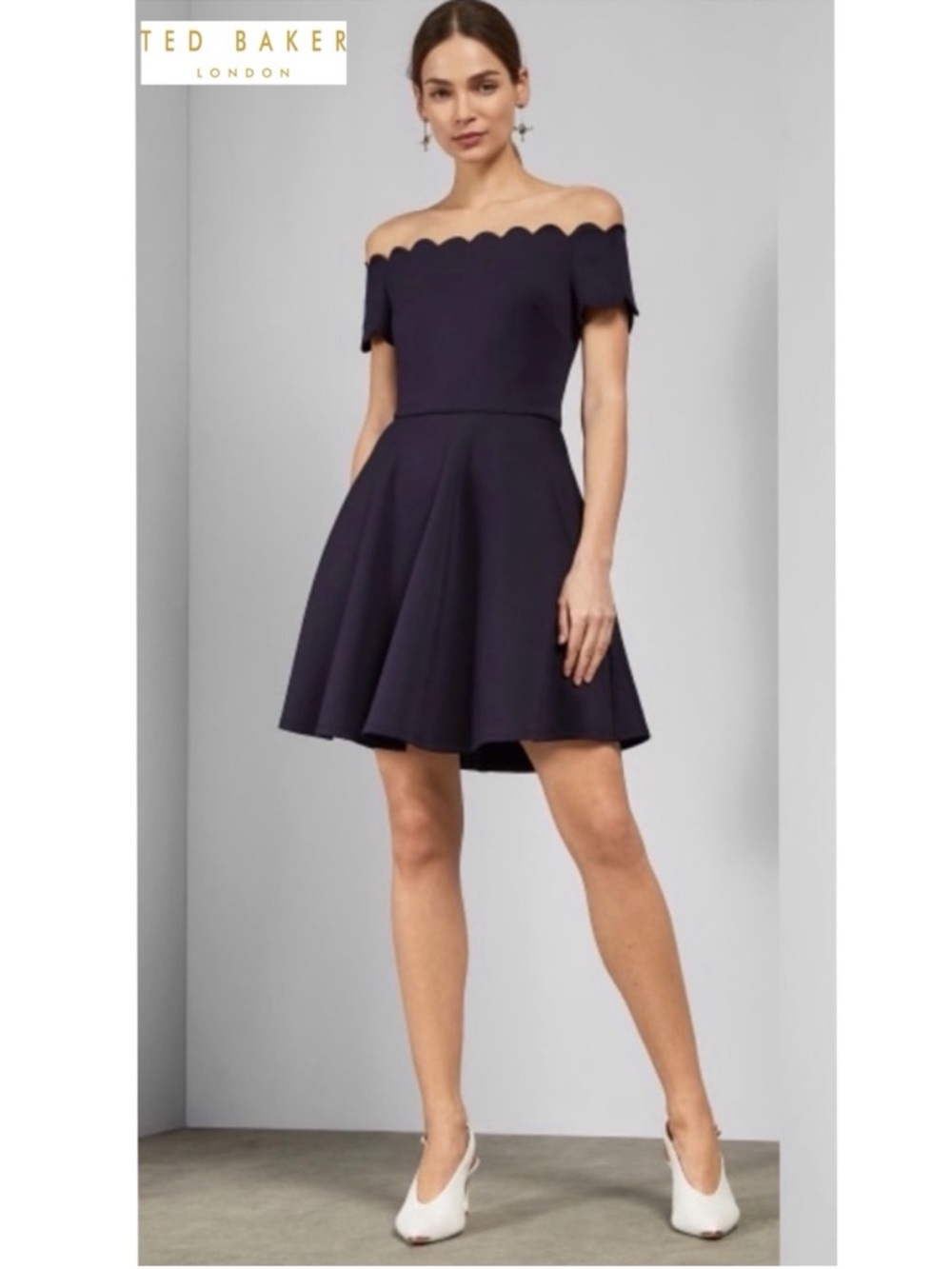 Ted Baker Fellama Scalloped Off-Shoulder Bardot Skater Dress Navy 8